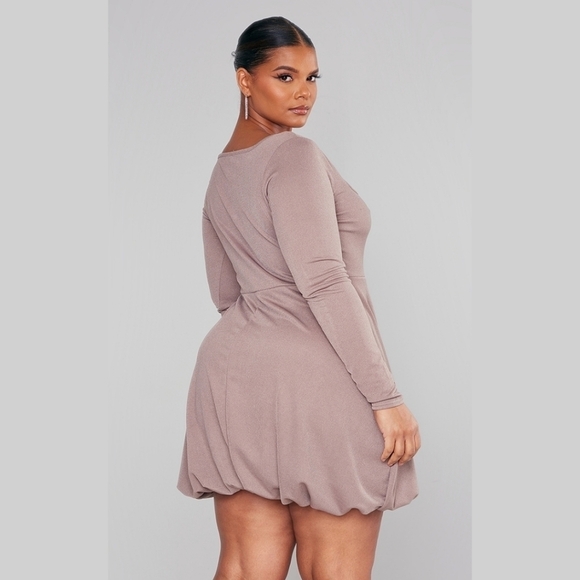 PLT Stretchy Long Sleeve Square Neck Puffy Hem Mini Dress Taupe - sz 12 - Picture 3 of 10